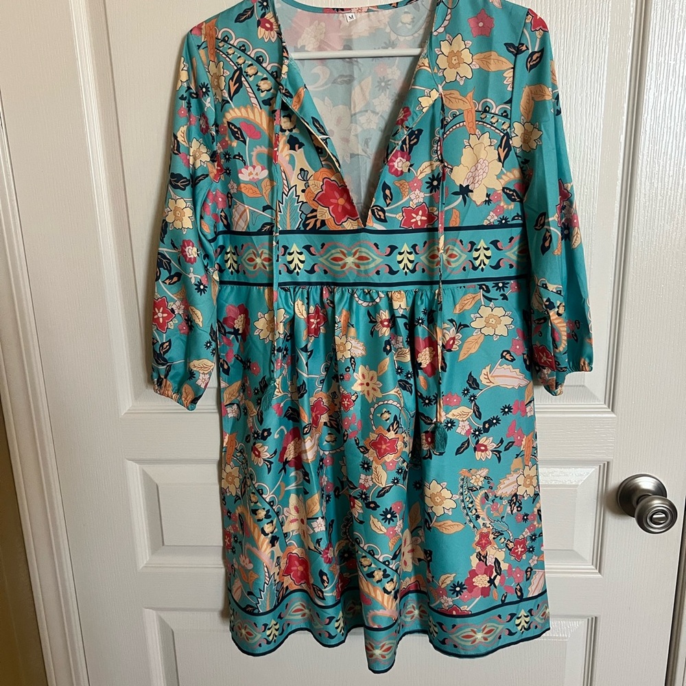 Floral V-Neck Dress with 3/4 Sleeves